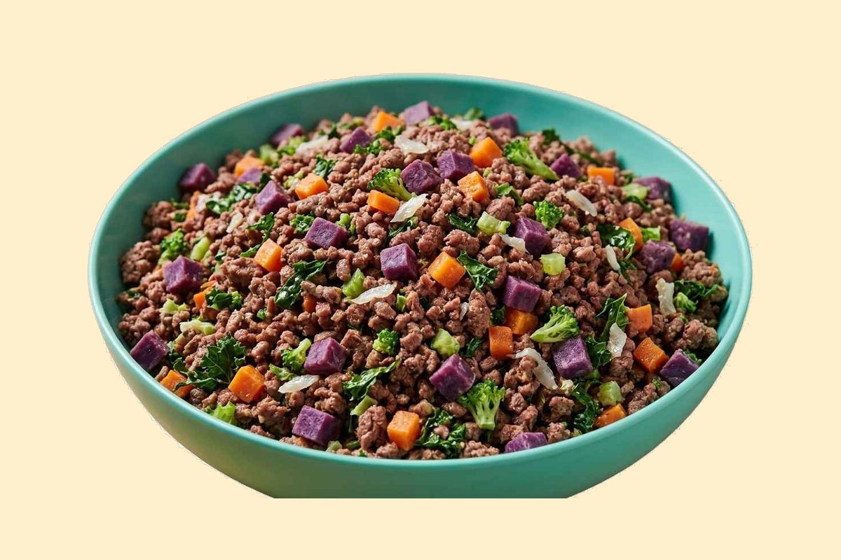 A bowl of cooked ground beef with diced sweet potato, broccoli, kale and sardines