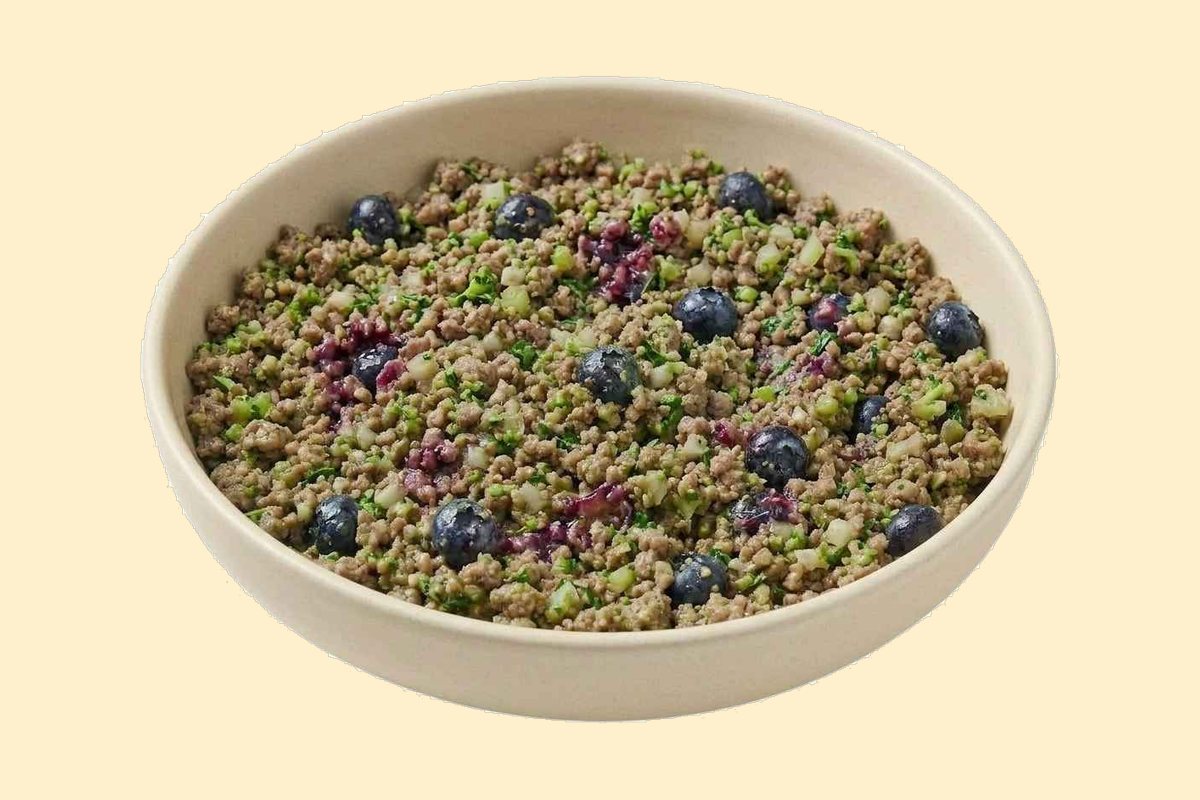 A bowl of cooked ground lamb with quinoa, fresh blueberries, broccoli and parsley